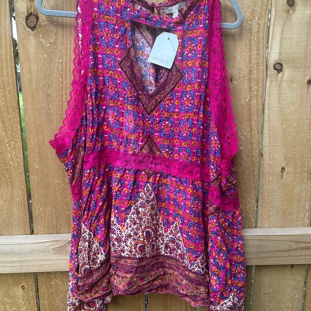 Wonderly NWT 2X Pink Lace Boho Hippy Top - Picture 2 of 10